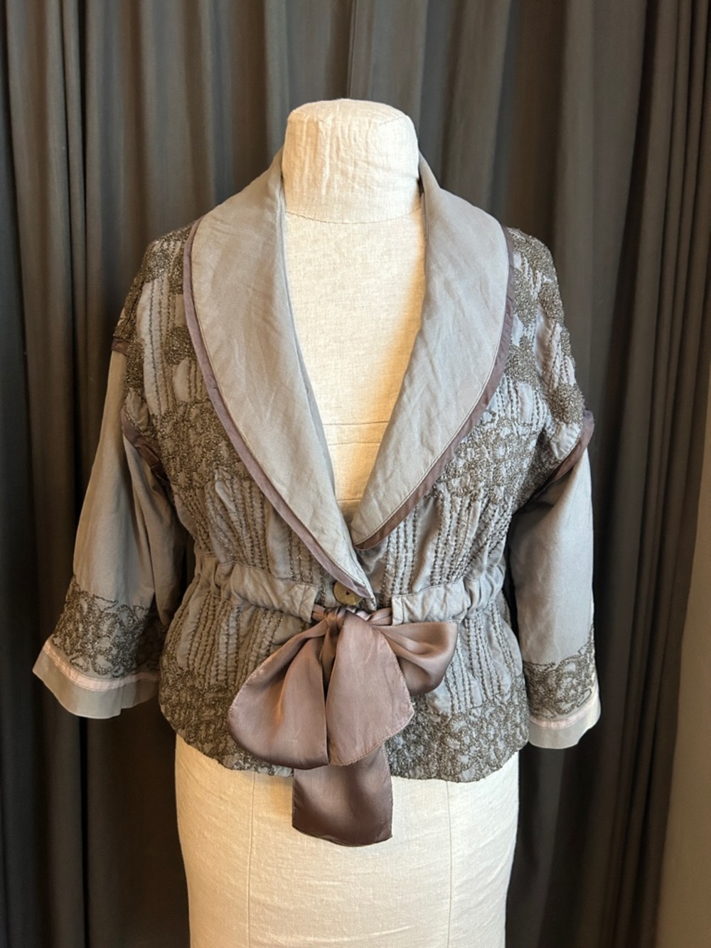 Burning Torch Gray Taupe embroidered Satin trimmed & Tie-Front Jacket medium